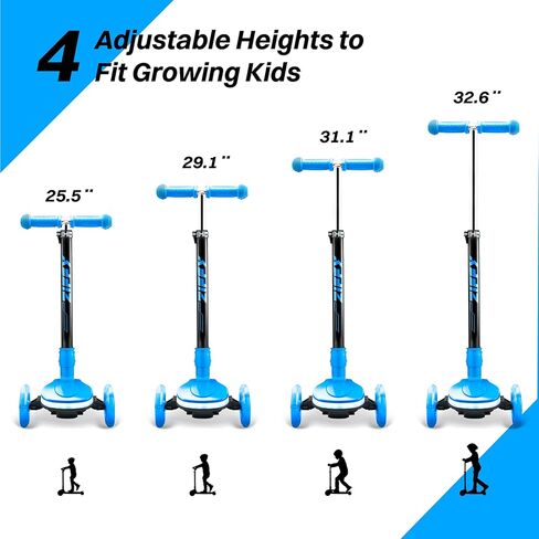 ZIFFY 3-Wheel Light-Up Kids Scooter, Kids Balance Scooter for Boys Girls with 20 Dynamic LED Lights, 4 Adjustable Height, Lean-to-Steer Design with Anti-Slip Wide Deck for Stability - Up to 110LBS in Kuwait
