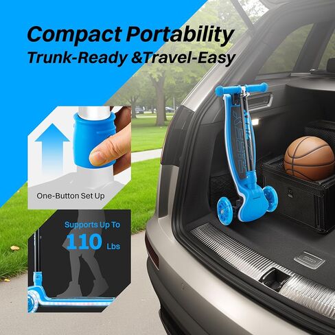 ZIFFY 3-Wheel Light-Up Kids Scooter, Kids Balance Scooter for Boys Girls with 20 Dynamic LED Lights, 4 Adjustable Height, Lean-to-Steer Design with Anti-Slip Wide Deck for Stability - Up to 110LBS in Kuwait