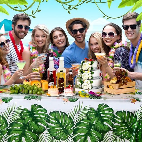 Tatuo 3 Pcs Hawaiian Tablecloths Tropical Luau Table Covers Summer Party Decoration Palm Leaves Plastic Disposable Rectangular Aloha Flower Tablecloth for Summer Cocktail Party Supplies (Green) in Kuwait