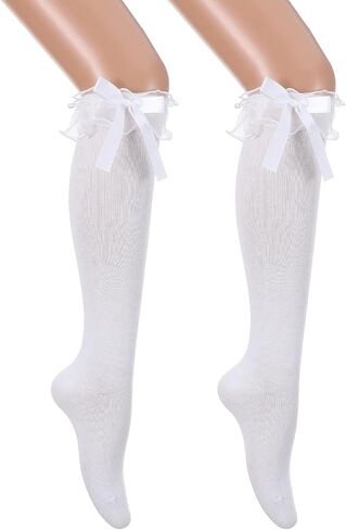 Teaaha White Knee High Socks for Women, Breathable Casual Cotton Knee-High Stockings with Lace Ruffle Trim, Soft Scrunch Bow Calf Socks for Girls Lady Womans, Size 5-9 in Saudi Arabia
