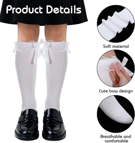 Teaaha White Knee High Socks for Women, Breathable Casual Cotton Knee-High Stockings with Lace Ruffle Trim, Soft Scrunch Bow Calf Socks for Girls Lady Womans, Size 5-9 in Saudi Arabia