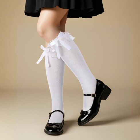 Teaaha White Knee High Socks for Women, Breathable Casual Cotton Knee-High Stockings with Lace Ruffle Trim, Soft Scrunch Bow Calf Socks for Girls Lady Womans, Size 5-9 in Saudi Arabia