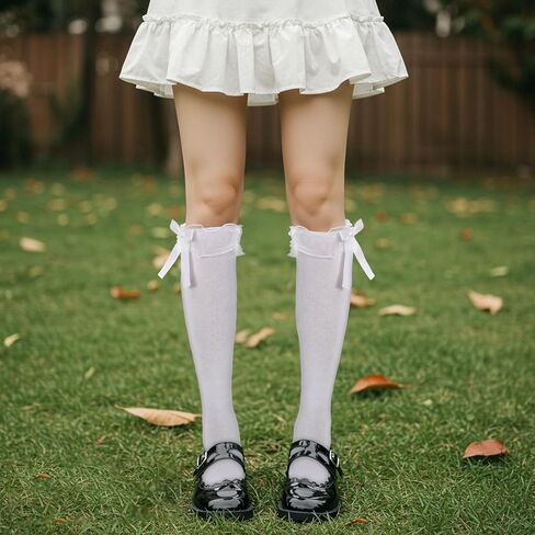 Teaaha White Knee High Socks for Women, Breathable Casual Cotton Knee-High Stockings with Lace Ruffle Trim, Soft Scrunch Bow Calf Socks for Girls Lady Womans, Size 5-9 in Saudi Arabia