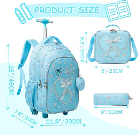 Rolling Backpack for Girls Kids Backpack with Wheels for Travel Roller Wheeled Bookbag Backpacks for Girls School Cute Elementary Student Kawaii Bowknot Schoolbag in Kuwait