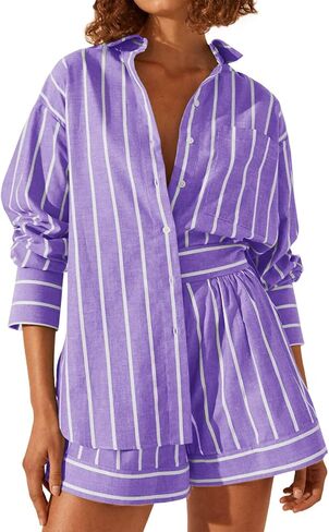 Tankaneo Womens 2 Piece Outfits Striped Long Sleeve Button Down Collared Shirt Matching Shorts Sets in Saudi Arabia