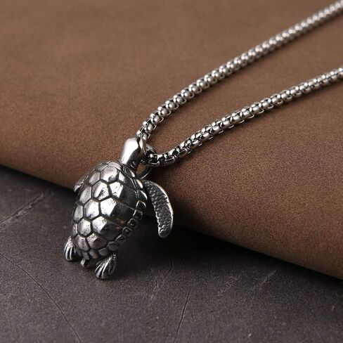 HZMAN Health Longevity Sea Turtle Stainless Steel Marine Life Pendant Men's Women's Beach Style Necklace 22 + 2 Inch Chain in Saudi Arabia