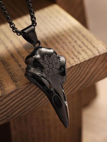 Haquil Helm of Awe Necklace ، الفولاذ المقاوم للصدأ Viking Raven Skull Aegishjalmr حماية Talisman ، سلسلة مربع ، مجوهرات فايكنغ للرجال in Saudi Arabia