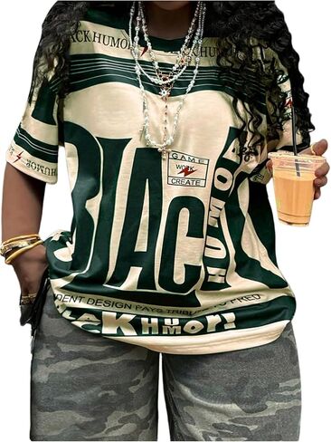 Soly Hux Women's Plus Letter Graphic Short Sleeve Thirts Drop Counder Crew Neck Tops Tops Streetwear in Saudi Arabia