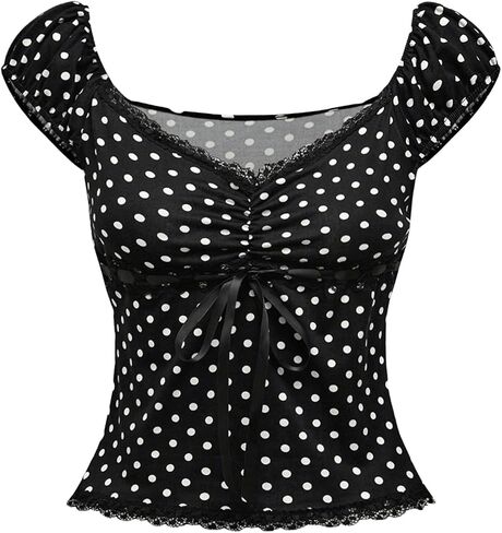 Soly Hux Women's Y2K Lace Trim Polka Dots T Shirt Cap Sleeve v Neck Ruched Bow Tops Tops Tops in Saudi Arabia