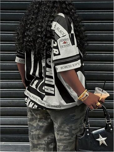 Soly Hux Women's Plus Letter Graphic Short Sleeve Thirts Drop Counder Crew Neck Tops Tops Streetwear in Kuwait