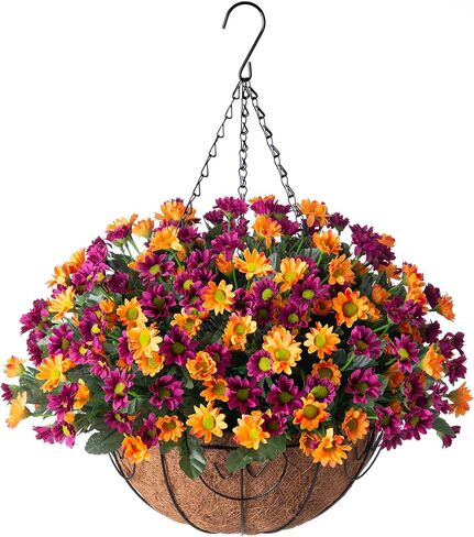 Artificial Flowers Fall Fake Mums in Hanging Basket for Patio Garden Porch Deck Summer Autumn Decoration, Faux Daisy Arrangement,Fake Plants Uv Resistant for Outdoor Yard Decor(Orange Purple) in Kuwait