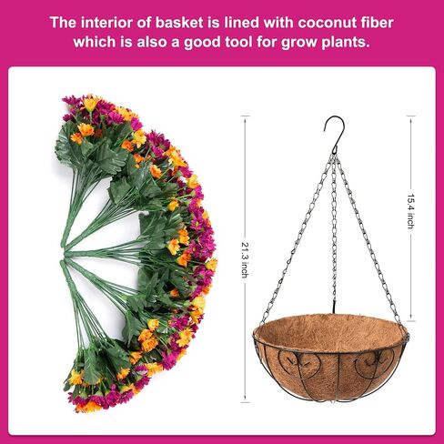 Artificial Flowers Fall Fake Mums in Hanging Basket for Patio Garden Porch Deck Summer Autumn Decoration, Faux Daisy Arrangement,Fake Plants Uv Resistant for Outdoor Yard Decor(Orange Purple) in Kuwait