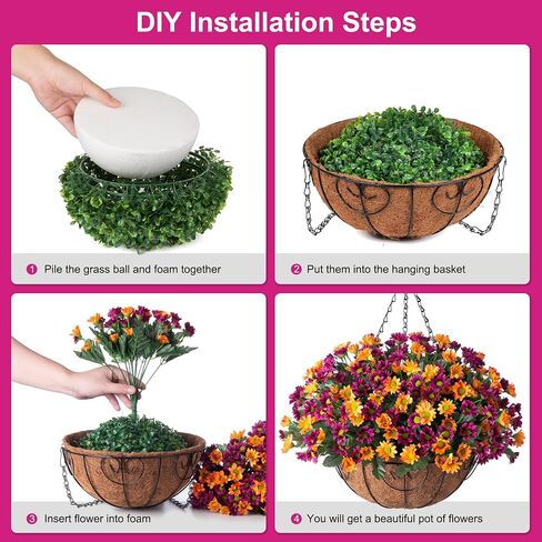 Artificial Flowers Fall Fake Mums in Hanging Basket for Patio Garden Porch Deck Summer Autumn Decoration, Faux Daisy Arrangement,Fake Plants Uv Resistant for Outdoor Yard Decor(Orange Purple) in Kuwait