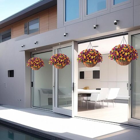 Artificial Flowers Fall Fake Mums in Hanging Basket for Patio Garden Porch Deck Summer Autumn Decoration, Faux Daisy Arrangement,Fake Plants Uv Resistant for Outdoor Yard Decor(Orange Purple) in Kuwait