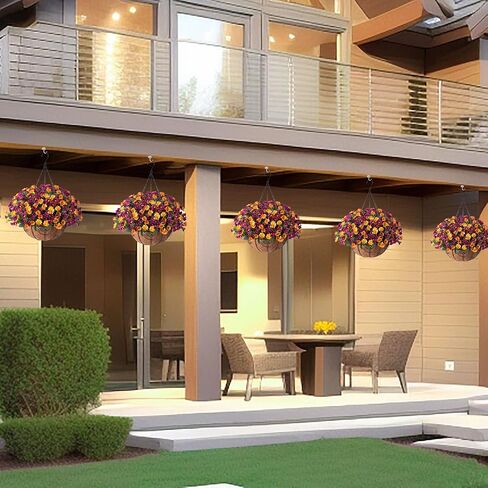 Artificial Flowers Fall Fake Mums in Hanging Basket for Patio Garden Porch Deck Summer Autumn Decoration, Faux Daisy Arrangement,Fake Plants Uv Resistant for Outdoor Yard Decor(Orange Purple) in Kuwait