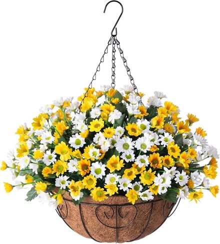 Artificial Flowers Fall Fake Mums in Hanging Basket for Patio Garden Porch Deck Summer Autumn Decoration, Faux Daisy Arrangement,Fake Plants Uv Resistant for Outdoor Yard Decor(Orange Purple) in Kuwait