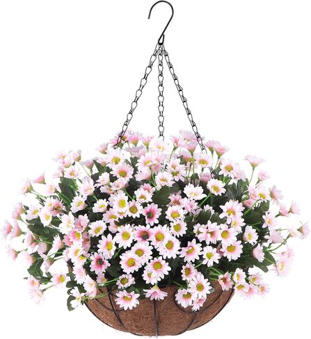 Artificial Flowers Fall Fake Mums in Hanging Basket for Patio Garden Porch Deck Summer Autumn Decoration, Faux Daisy Arrangement,Fake Plants Uv Resistant for Outdoor Yard Decor(Orange Purple) in Kuwait
