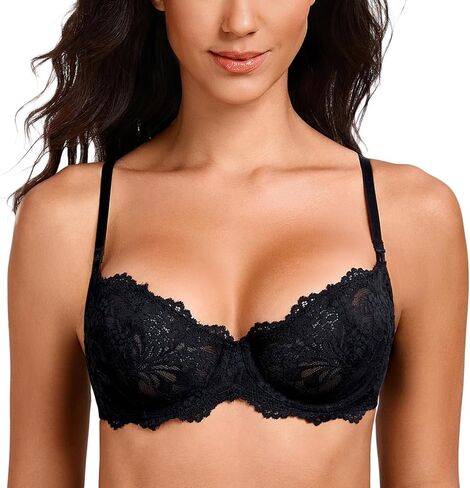 MELENECA Women's Sexy Lace Push Up Plus Size Sheer Balconette Underwire Unlined Bra in Kuwait