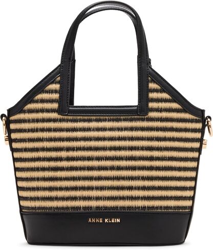 Anne Klein Womens Straw Mini Tote مع حزام قابل للتحويل ، شريط أسود طبيعي/أسود in Saudi Arabia