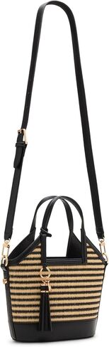 Anne Klein Womens Straw Mini Tote مع حزام قابل للتحويل ، شريط أسود طبيعي/أسود in Saudi Arabia