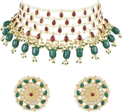 I Jewels Gold Plated Indian Wedding Bollywood Kundan & Stone مصنوع يدويًا مجوهرات قلادة اللؤلؤة مع أقراط مسمار مجموعة للنساء (ML324mg) in Saudi Arabia
