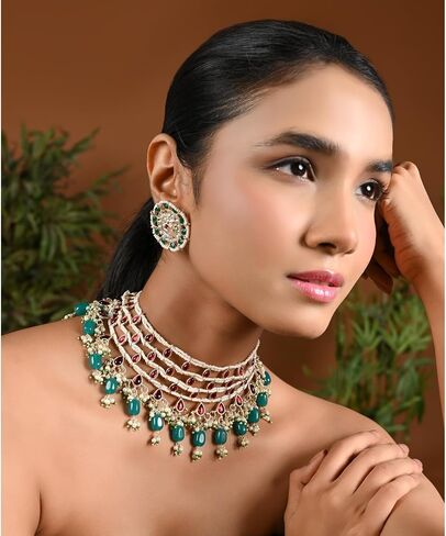 I Jewels Gold Plated Indian Wedding Bollywood Kundan & Stone مصنوع يدويًا مجوهرات قلادة اللؤلؤة مع أقراط مسمار مجموعة للنساء (ML324mg) in Saudi Arabia