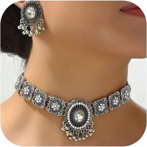 Indian Jewelry Sets for Women - Oxidized Gold/Silver Bollywood Choker Necklace, Jhumkas Earrings, Traditional Vintage Ethnic Accessories Costume in Kuwait