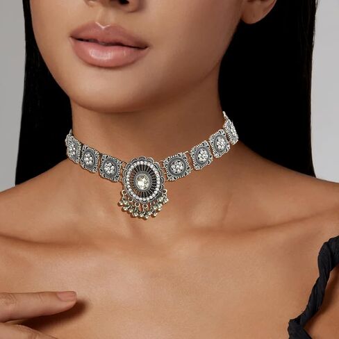 Indian Jewelry Sets for Women - Oxidized Gold/Silver Bollywood Choker Necklace, Jhumkas Earrings, Traditional Vintage Ethnic Accessories Costume in Kuwait