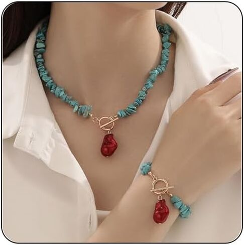 Turquoise Necklace Bracelet Set for Women,Vintage Baroque Pearl Pendant Necklaces Bracelet Set Boho RedWhiteBlack Irregular Pearl Necklace Bracelet Beach Party Fashion Jewelry in Saudi Arabia