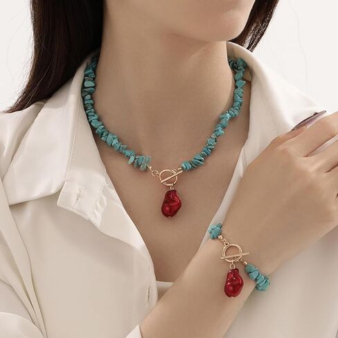 Turquoise Necklace Bracelet Set for Women,Vintage Baroque Pearl Pendant Necklaces Bracelet Set Boho RedWhiteBlack Irregular Pearl Necklace Bracelet Beach Party Fashion Jewelry in Saudi Arabia