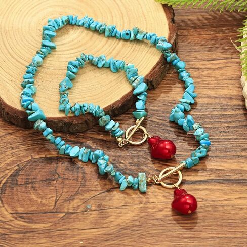 Turquoise Necklace Bracelet Set for Women,Vintage Baroque Pearl Pendant Necklaces Bracelet Set Boho RedWhiteBlack Irregular Pearl Necklace Bracelet Beach Party Fashion Jewelry in Saudi Arabia