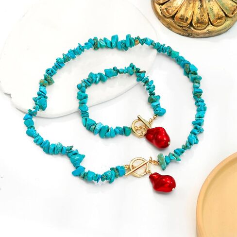 Turquoise Necklace Bracelet Set for Women,Vintage Baroque Pearl Pendant Necklaces Bracelet Set Boho RedWhiteBlack Irregular Pearl Necklace Bracelet Beach Party Fashion Jewelry in Saudi Arabia