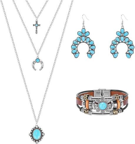 3 Pieces Turquoise Jewelry Set, Western Necklaces, Earrings and Bracelet For women in Saudi Arabia