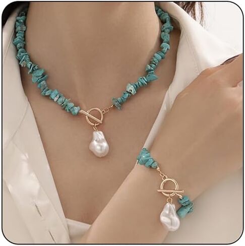 Turquoise Necklace Bracelet Set for Women,Vintage Baroque Pearl Pendant Necklaces Bracelet Set Boho RedWhiteBlack Irregular Pearl Necklace Bracelet Beach Party Fashion Jewelry in Saudi Arabia