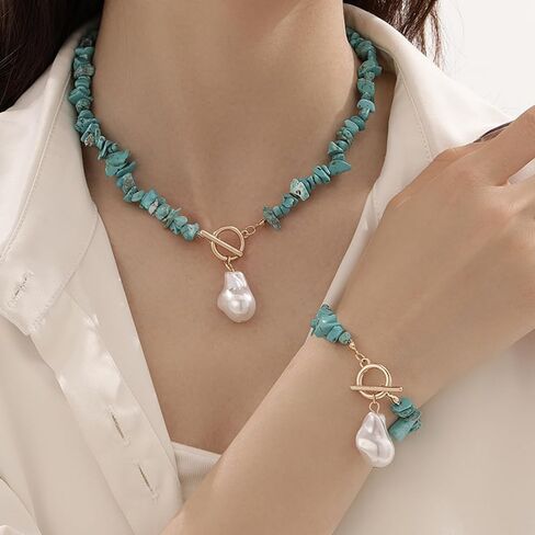 Turquoise Necklace Bracelet Set for Women,Vintage Baroque Pearl Pendant Necklaces Bracelet Set Boho RedWhiteBlack Irregular Pearl Necklace Bracelet Beach Party Fashion Jewelry in Saudi Arabia