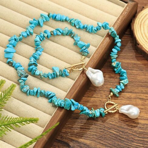 Turquoise Necklace Bracelet Set for Women,Vintage Baroque Pearl Pendant Necklaces Bracelet Set Boho RedWhiteBlack Irregular Pearl Necklace Bracelet Beach Party Fashion Jewelry in Saudi Arabia