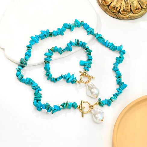 Turquoise Necklace Bracelet Set for Women,Vintage Baroque Pearl Pendant Necklaces Bracelet Set Boho RedWhiteBlack Irregular Pearl Necklace Bracelet Beach Party Fashion Jewelry in Saudi Arabia