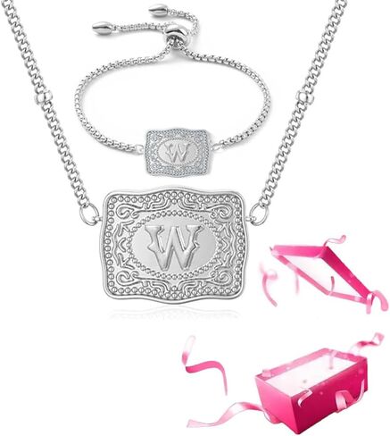 Belt Buckle Necklace With Initial, Embossed Belt Buckle Necklace Bracelet Jewelry Set for Women Personalized Letter Pendant in Saudi Arabia