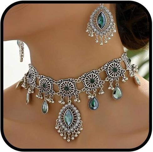 Indian Jewelry Sets for Women - Oxidized Gold/Silver Bollywood Choker Necklace, Jhumkas Earrings, Traditional Vintage Ethnic Accessories Costume in Kuwait