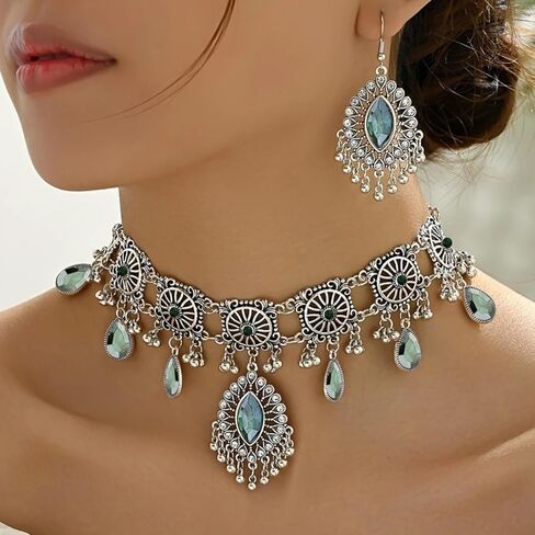 Indian Jewelry Sets for Women - Oxidized Gold/Silver Bollywood Choker Necklace, Jhumkas Earrings, Traditional Vintage Ethnic Accessories Costume in Kuwait