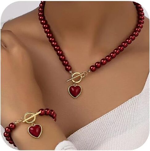 Dainty Red Beaded Pearls Love Heart Necklace Bracelets Western Jewelry Set for Women Trendy, Statement Pearl Beads Choker Necklaces Bracelet Accessories in Saudi Arabia
