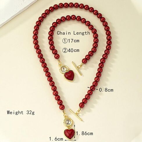 Dainty Red Beaded Pearls Love Heart Necklace Bracelets Western Jewelry Set for Women Trendy, Statement Pearl Beads Choker Necklaces Bracelet Accessories in Saudi Arabia
