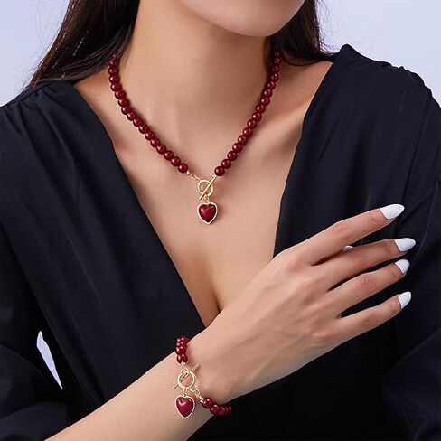 Dainty Red Beaded Pearls Love Heart Necklace Bracelets Western Jewelry Set for Women Trendy, Statement Pearl Beads Choker Necklaces Bracelet Accessories in Saudi Arabia