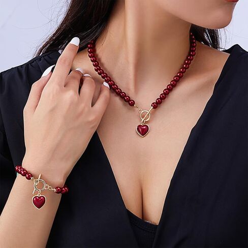 Dainty Red Beaded Pearls Love Heart Necklace Bracelets Western Jewelry Set for Women Trendy, Statement Pearl Beads Choker Necklaces Bracelet Accessories in Saudi Arabia