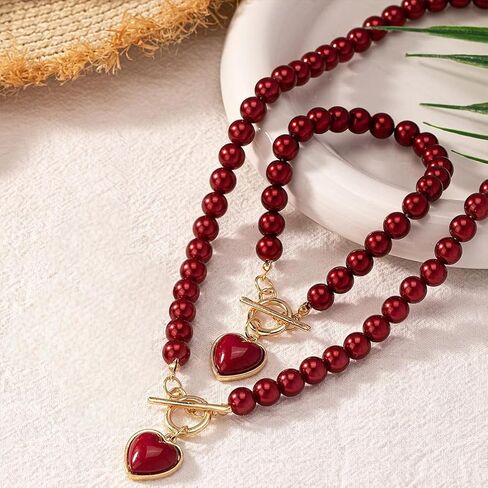 Dainty Red Beaded Pearls Love Heart Necklace Bracelets Western Jewelry Set for Women Trendy, Statement Pearl Beads Choker Necklaces Bracelet Accessories in Saudi Arabia
