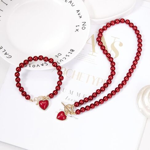 Dainty Red Beaded Pearls Love Heart Necklace Bracelets Western Jewelry Set for Women Trendy, Statement Pearl Beads Choker Necklaces Bracelet Accessories in Saudi Arabia