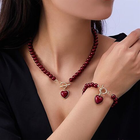 Dainty Red Beaded Pearls Love Heart Necklace Bracelets Western Jewelry Set for Women Trendy, Statement Pearl Beads Choker Necklaces Bracelet Accessories in Saudi Arabia