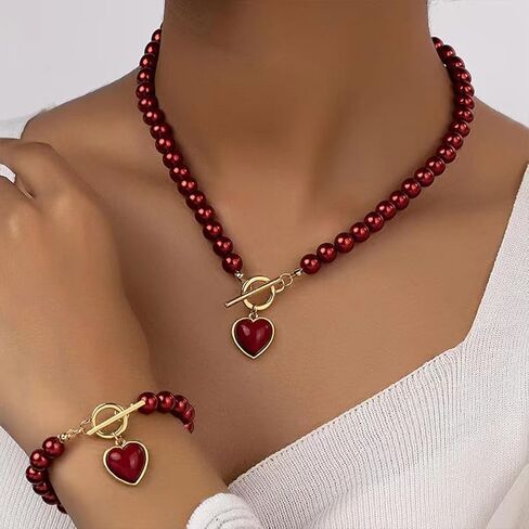 Dainty Red Beaded Pearls Love Heart Necklace Bracelets Western Jewelry Set for Women Trendy, Statement Pearl Beads Choker Necklaces Bracelet Accessories in Saudi Arabia