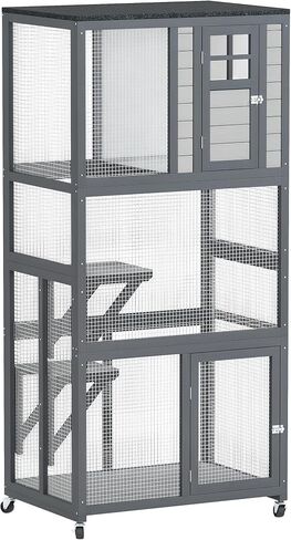 Pawhut 74 "Wooden Catio Outdoor Cat House مقاوم للعجلة وعجلات ، خارج حاوية القط مع سعة عالية الوزن ، شقة قفص قليدة ، رمادي داكن in Kuwait
