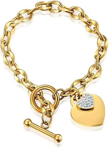 Gold Jewelry for Women, 18K Gold Plated Stainless Steel Bracelet Heart Chain with Toggle Clasp, Trendy, with Gift for Her in Saudi Arabia